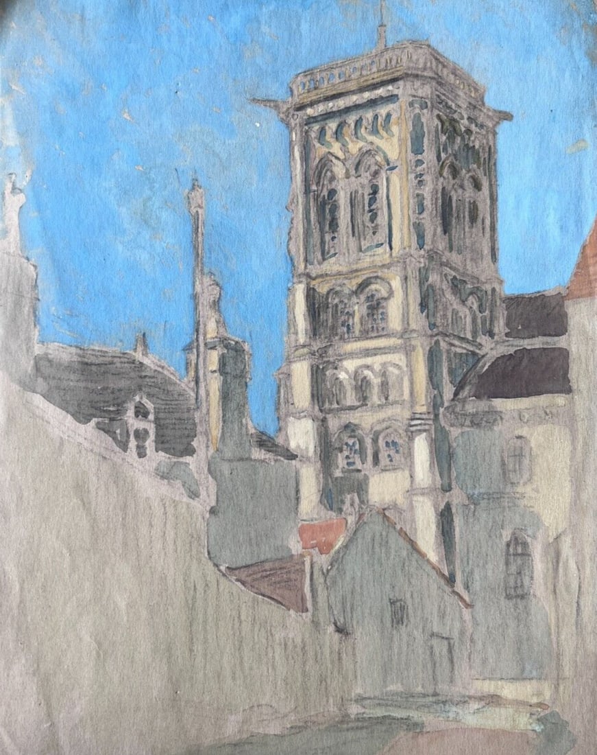 Antique Drawing Village with Church Landscape (1 of 3)