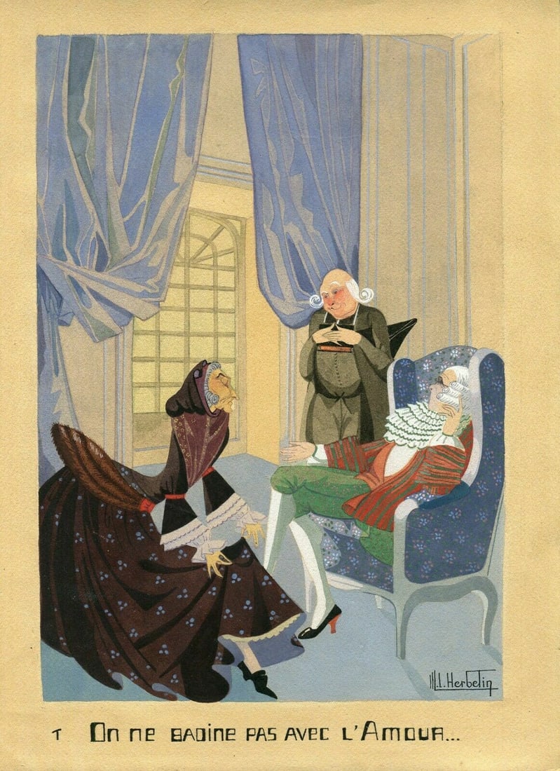 Vintage Art Deco Drawing Signed Original Genre Scene with People (1 of 2)