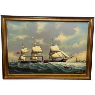 Large Oil Painting Marine Sailing Steam Mail Ship Orinoco By Salvatore Colacicco: Large Oil Painting Marine Sailing Steam Mail Ship Orinoco By Salvatore Colacicco 1 Fine Work of Art Large Oil Painting Marine Sailing Steam Mail Ship Orinoco By Salvatore Colacicco. Subject