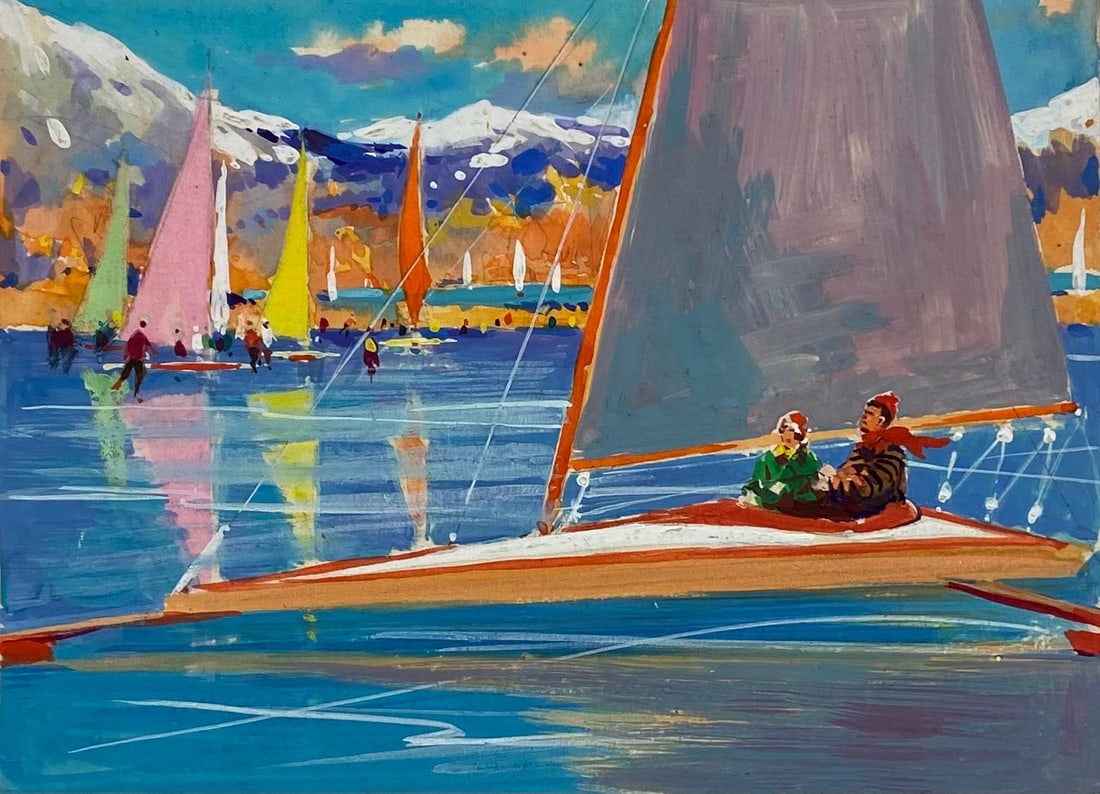 British Mid 20th Century Impressionist Painting Multi-Color Summer Boat Race Mid 20th Century (1 of 18)