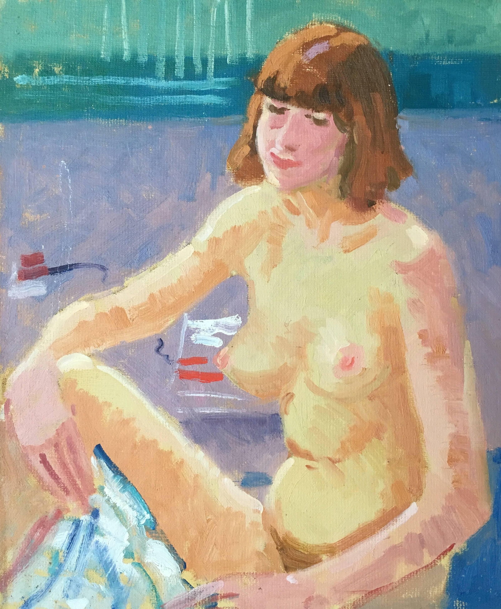 Casual Portrait, British Impressionist Oil Painting C.1980's: Casual Portrait, Oil Painting By J.B.Holmes, British artist, 20th Century Oil painting on board, unframed Board size: 12x10 inches portrait of a lady sat in a casual manner, showing a coy smile. The l