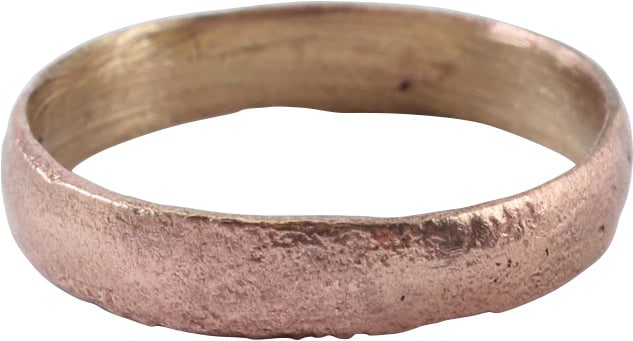 VIKING WEDDING RING 866-1067 AD, SIZE 4 1/4: Danelaw England. 3.2mm width with low rounded face. Textured overall from burial. Vikings exchanged rings on the pommel of the groom's sword. Professionally refurbished with the 24k gold surface resto