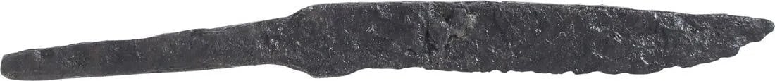 VIKING POCKET OR POUCH KNIFE, 11th C. AD: Cambridgeshire, England, just over 3 1/8" total length with the slightly dropped point in the scramseax style. Particularly thin section for slashing, distinguishing it from a working knife. Whittle t