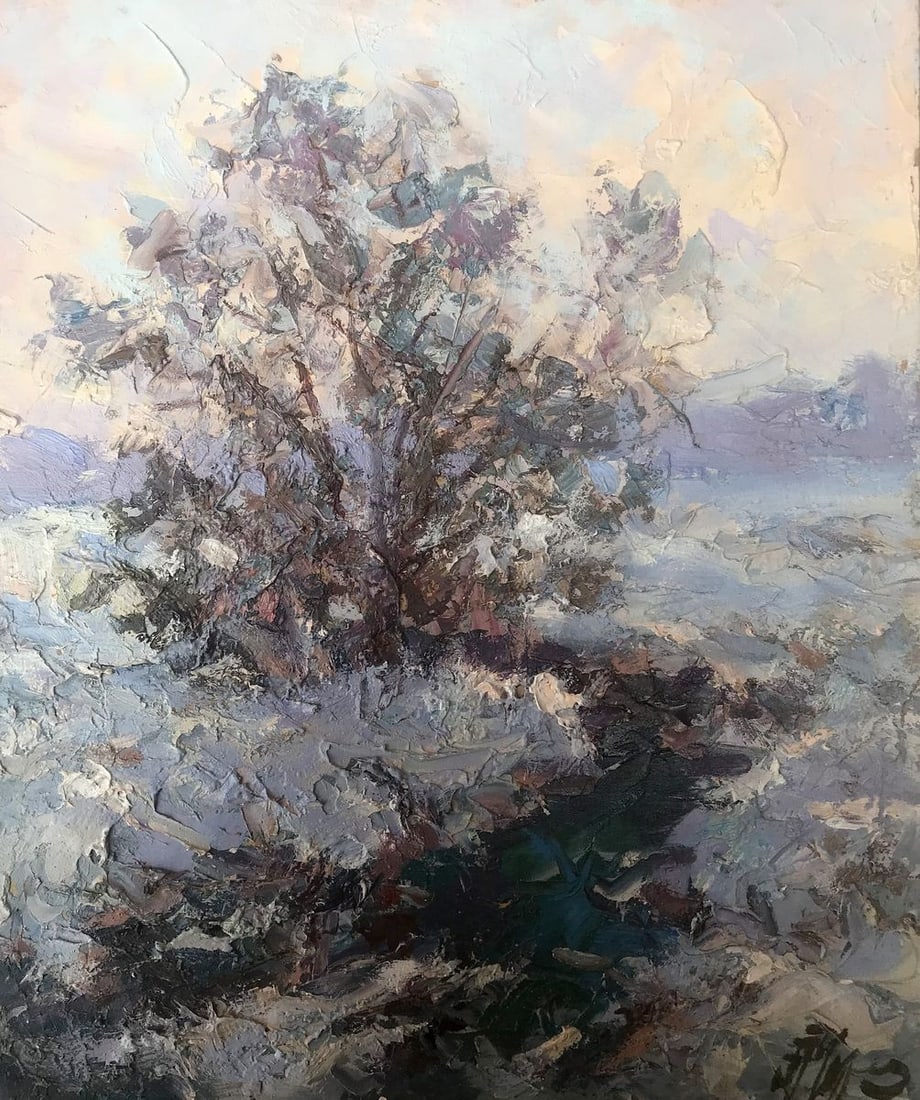 Oil painting New Year's Day Alexander Nikolaevich Cherednichenko: Description: ?AAA2805 "New Year" is a captivating oil painting that beautifully captures the serene ambiance of a winter landscape. The scene is set in a tranquil countryside, where a small river mean