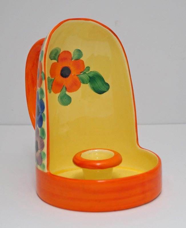 Hand Painted Pottery Czech Chamber Candle Holder: Title: Hand Painted Pottery Czech Chamber Candle Holder Dimension: 6 1/2" tall x 6 1/4" wide handle to front. Date: Ca. 1930’s. Additional Information: A Vintage hand painted decorated Czechoslovaki