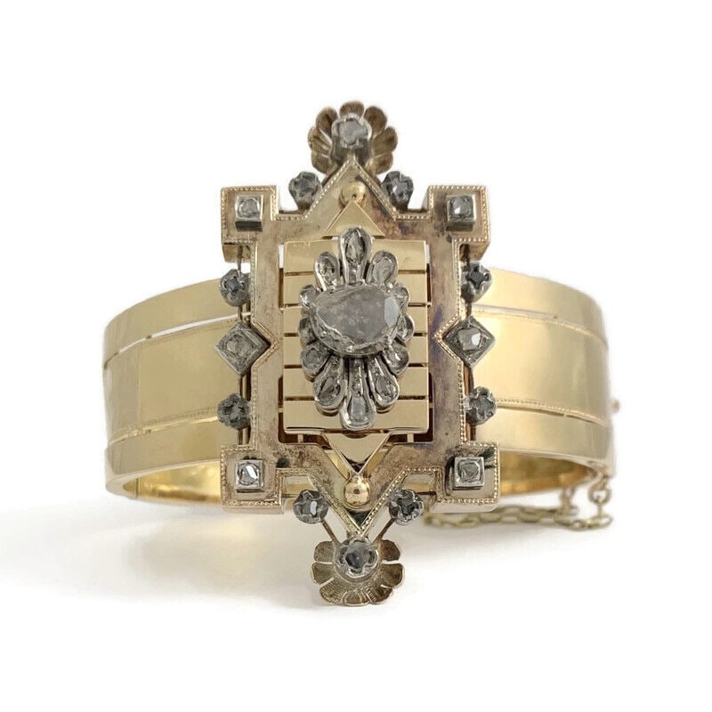 Victorian Antique Rectangle Diamond Bangle Bracelet 18K Yellow Gold, 22.67 Grams (1 of 11)
