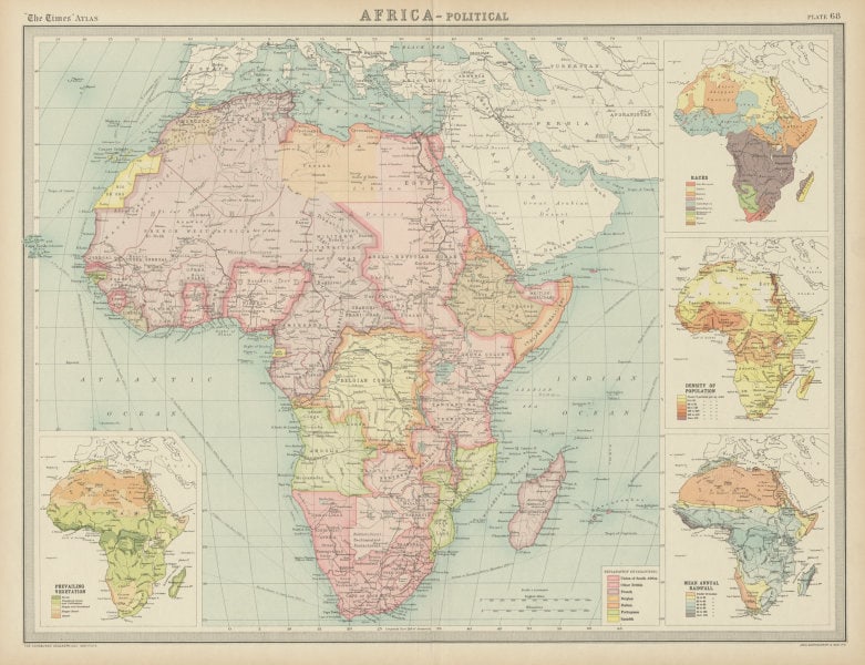 Colonial Africa. Ethnicity. British French Portuguese Belgian. TIMES 1922 map (1 of 3)