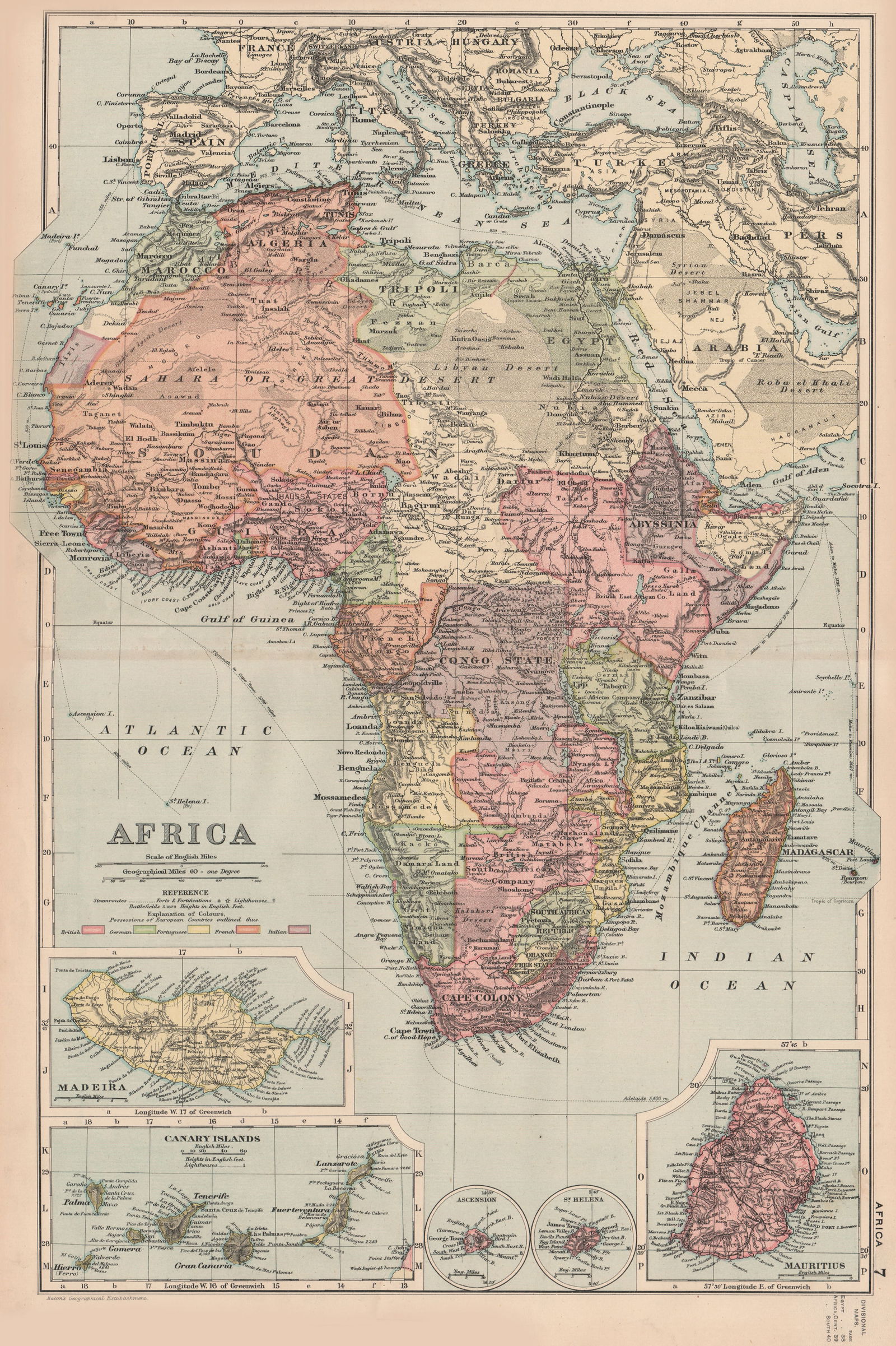 COLONIAL AFRICA.British German French Madeira Canaries Mauritius.BACON 1893 map (1 of 1)