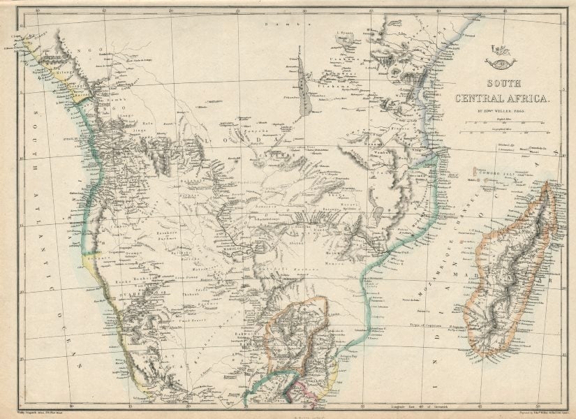 SOUTH CENTRAL AFRICA. Shows Zambesi river as circular! WELLER 1863 old map (1 of 2)