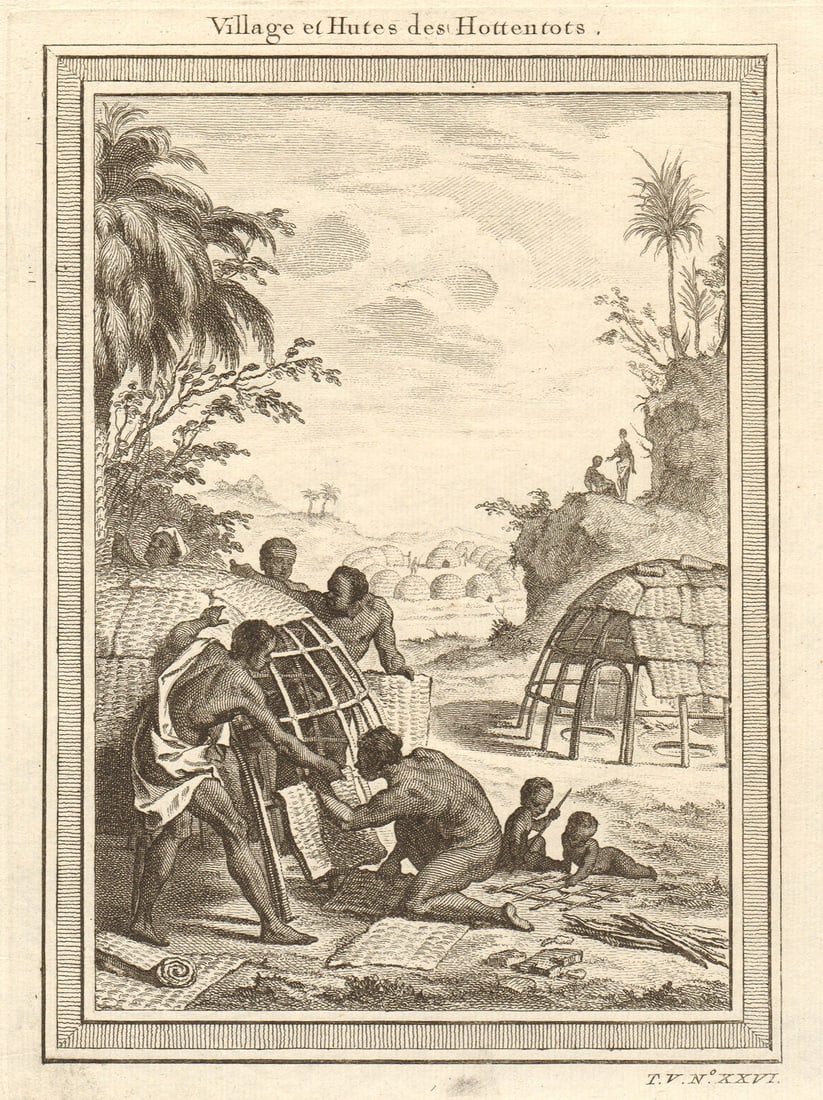 Village & Hutes des Hottentots'. Southern Africa. Khoikhoi kraal village 1748: CAPTION PRINTED BELOW PICTURE: Village et Hutes des Hottentots [Khoikhoi village and huts] DATE PRINTED: 1748 IMAGE SIZE: Approx 20.5 x 15.5cm, 8 x 6 inches (Medium) TYPE: Antique copperplate print CO
