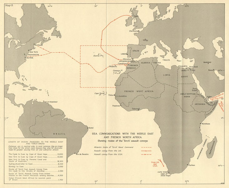 Middle East & French North Africa sea routes 1942 Operation Torch 1966 old map: TITLE/CONTENT OF MAP: 'Sea communications with the Middle East and French North Africa; Showing routes of the 'Torch' assault convoys' DATE PRINTED: 1966 IMAGE SIZE: Approx 23.0 x 28.5cm, 9 x 11 inche