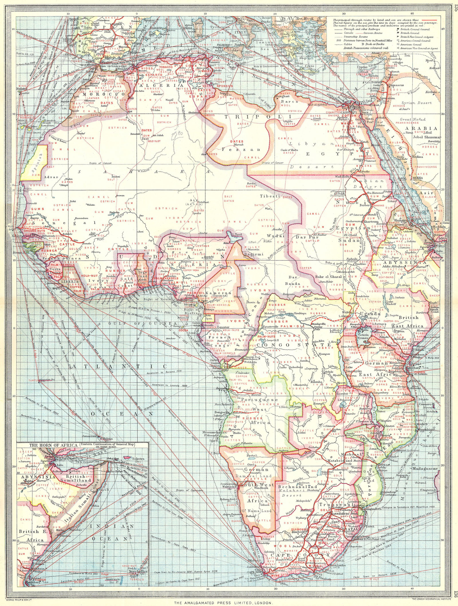 AFRICA. Industries & Communications; Horn of 1907 old antique map plan chart: CAPTION PRINTED BELOW PICTURE: 'Africa: Industries and Communications; Inset map of The Horn of Africa' DATE PRINTED: 1907 IMAGE SIZE: Approx 49.0 x 37.0cm, 19.25 x 14.5 inches (Large); Please note th