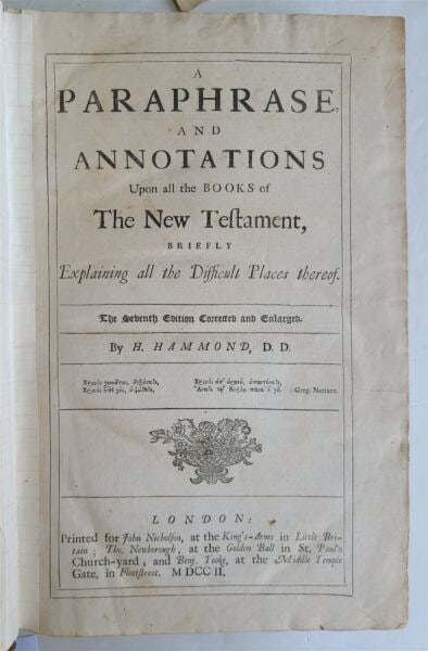 1702 BIBLE PARAPHRASE & ANNOTATIONS By H. Hammond in ENGLISH antique FOLIO (1 of 5)