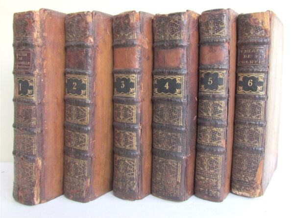 1738 FRENCH THEATRE 6 volumes LE THEATRE DE P. CORNEILLE antique: LE THEATRE DE P. CORNEILLE Paris; 1738 Size 4 by 6 1/2" Text in French With bookplate at the front pastedowns Marbled edges and endpapers. Very good interior condition , bindings are worn, spines with