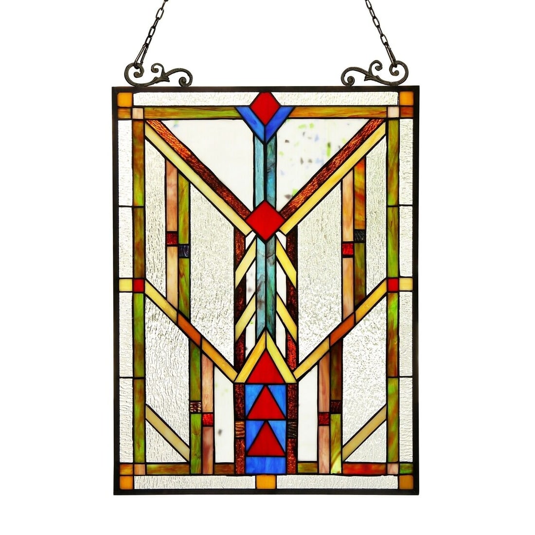 24.8" Mission Stained Glass Window Hanging Panel Suncatcher: 24.8 x 17.5 Such a wonderful reproduction hand crafted Tiffany-glass window panel. Certain to brighten up any room! The technique used to make this panel are the same used by Louis Tiffany in the earl