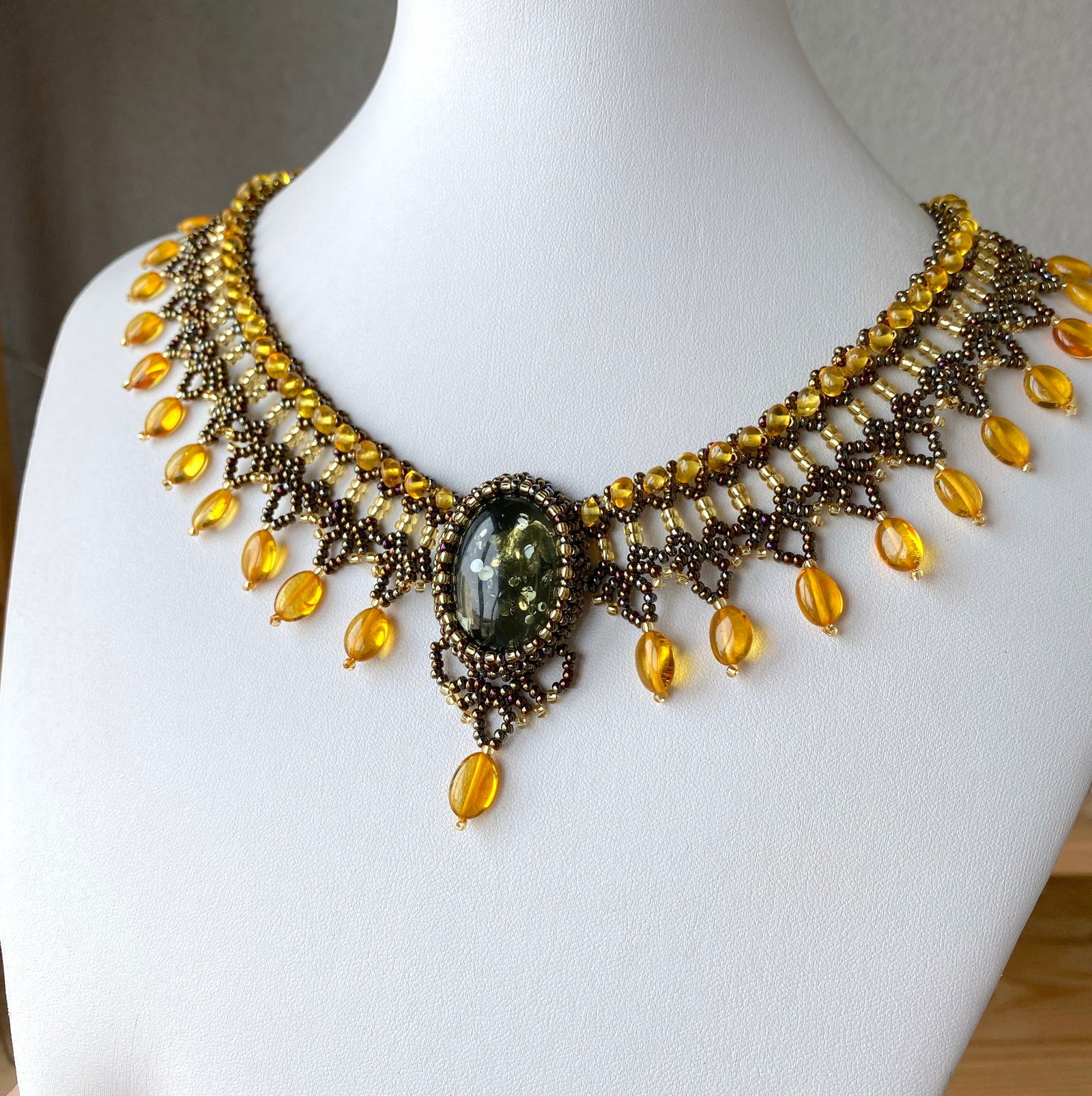 Incredible Unique Vintage Amber Floral Necklace made from leaf like bead ornaments (1 of 7)