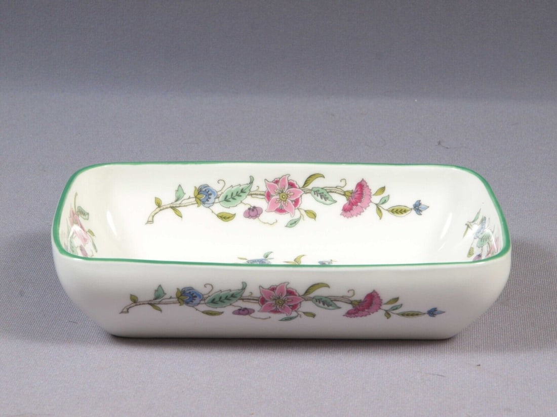Minton Haddon Hall Serving Candy Nut Relish Dish Tray Sweet Meat Green England: This is a gorgeous Bone China Nut/Relish/Candy Serving Dish/Tray from the Haddon Hall pattern by Minton - Made in England. It is properly marked. It is decorated with pastel flowers on a white backgro