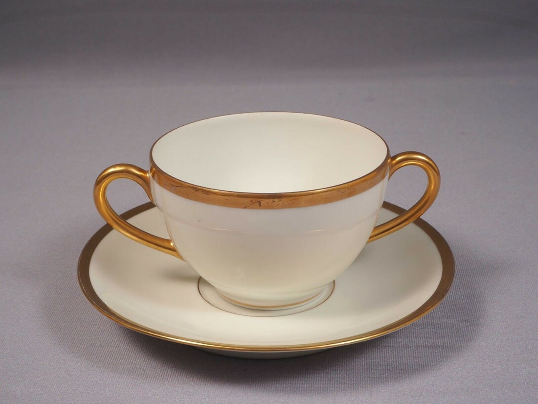 LIMOGES France B&C Bernardaud GOLD Cream Soup Bouillon Bowl Saucer Cup EXCELLENT: This is a rare and gorgeous set of one Cream Soup/Bouillon Bowl with Serving Plate/Saucer, made in France by B&C Léonard Bernardaud LIMOGES. The set is in very beautiful and features gold band at
