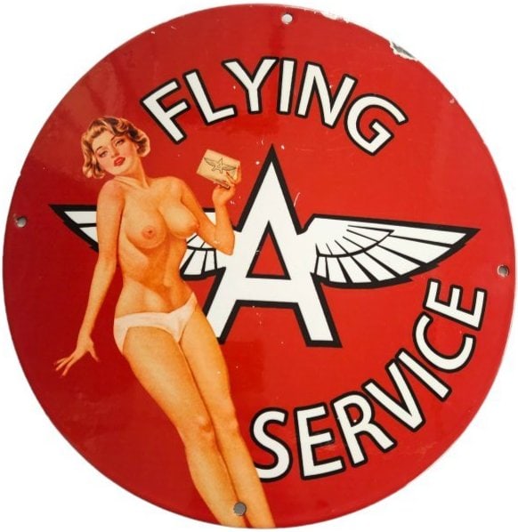 FLYING A SERVICE GAS & OIL PETROLIANA NUDE PIN-UP PORCELAIN MAN CAVE GARAGE SIGN: The Flying A Service sign is a salute to the classic service stations of yore, featuring a pin-up model that adds a personal touch to the automotive theme, designed for the collector with a love for t
