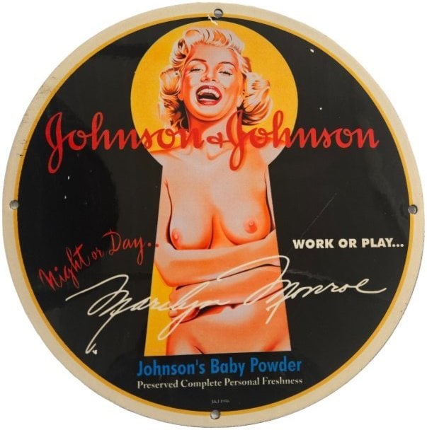JOHNSON & JOHNSON RARE DESIGN FEATURING MARILYN MONROE PORCELAIN SIGN: This rare Johnson & Johnson sign captures the timeless allure of Marilyn Monroe, a design that's both a piece of art and a slice of cultural history. It reflects the elegance and sophistication of an 