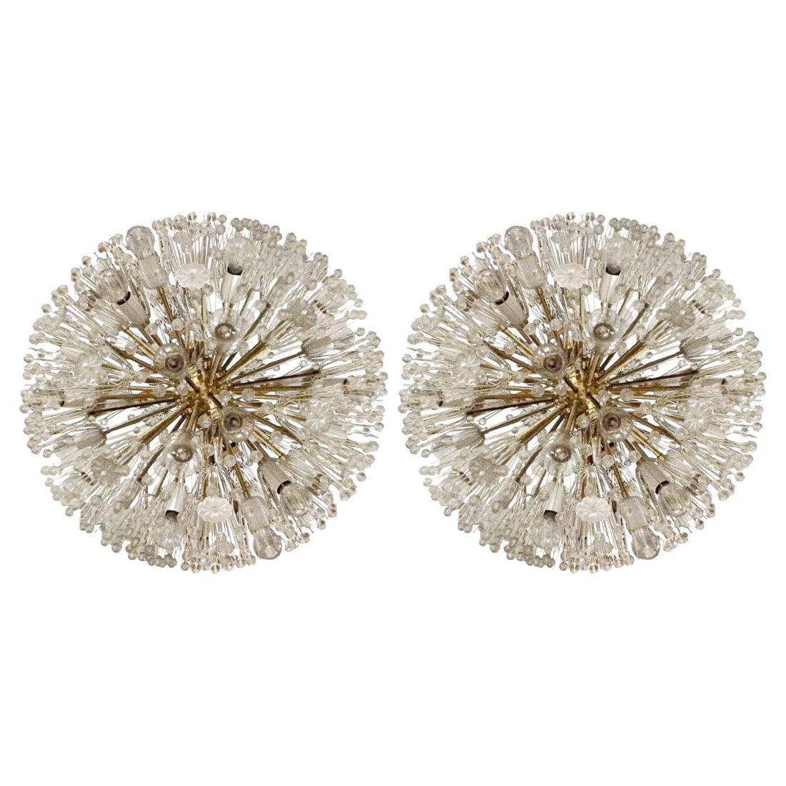 Pair of Mid-Century Modern Austrian Circular Chandeliers, Brass and Glass, 1960s: Title: Pair of Mid-Century Modern Austrian Circular Chandeliers, Brass and Glass, 1960s Description: Pair of Mid-Century Modern Austrian circular chandeliers, brass and glass, 1960s Pair of sputnik st