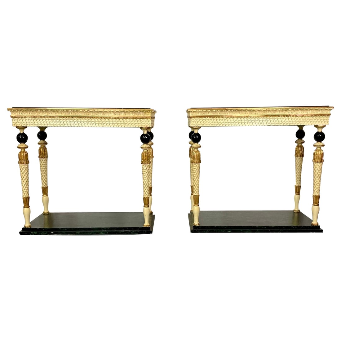 Pair of Maison Jansen Console Tables, Neoclassical, Marble Top, Paint Decorated: Title: Pair of Maison Jansen Console Tables, Neoclassical, Marble Top, Paint Decorated Description: Pair of Maison Jansen console tables, Neoclassical, marble top, paint decorated Pair of Maison Janse