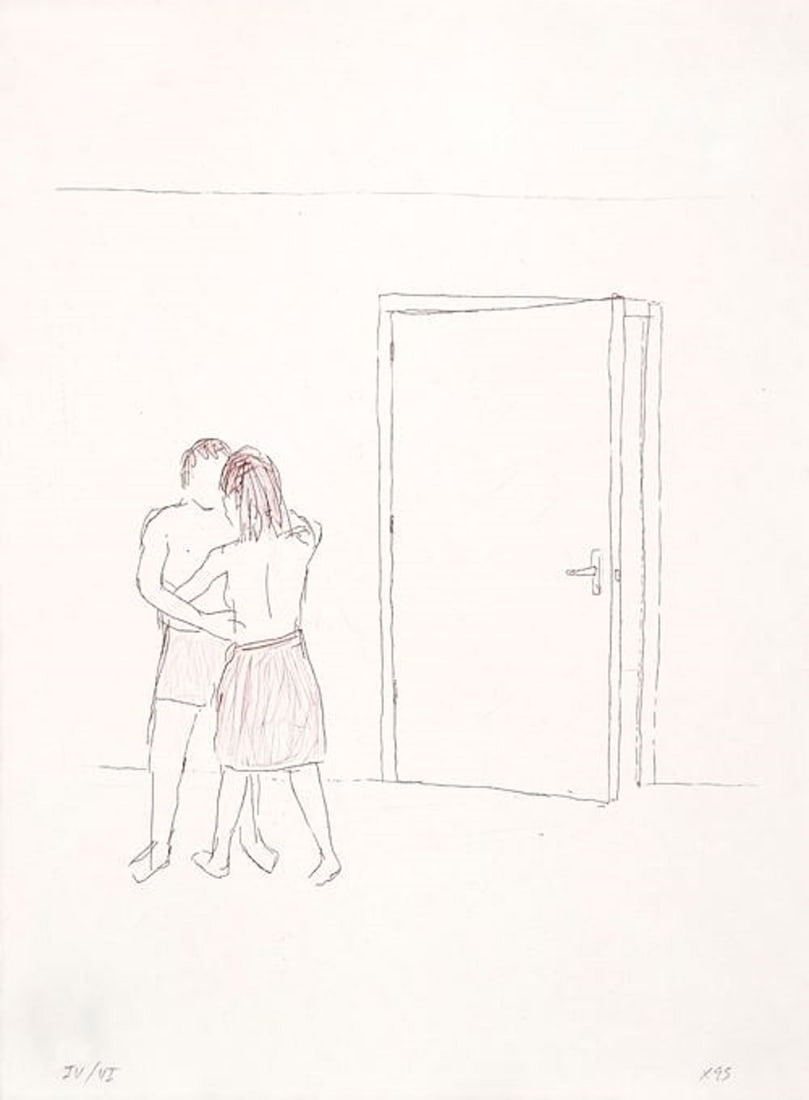 Xisco Mensua Spanish engraving 1995, 12.6 x 9.5 in.: Artist: Xisco Mensua (Spain, 1960) Work Title: Untitled from Portofolio "Junio - Julio" Date/Period: 1995 Medium: engraving Overall Size: 12.6 x 9.5 in. (32 x 24 cm.) Reserve: $80.00 Shipping: Domesti