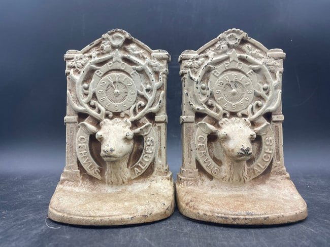 ANTIQUE BPOE CAST IRON PAIR of BOOKENDS: Title: ANTIQUE BPOE CAST IRON PAIR of BOOKENDSDate/Period: approx 1920-40'sMaterials: cast ironDimensions: 6" tallAdditional Information: Antique BPOE pair of cast iron bookends. 11 o'clock Cervus Alc