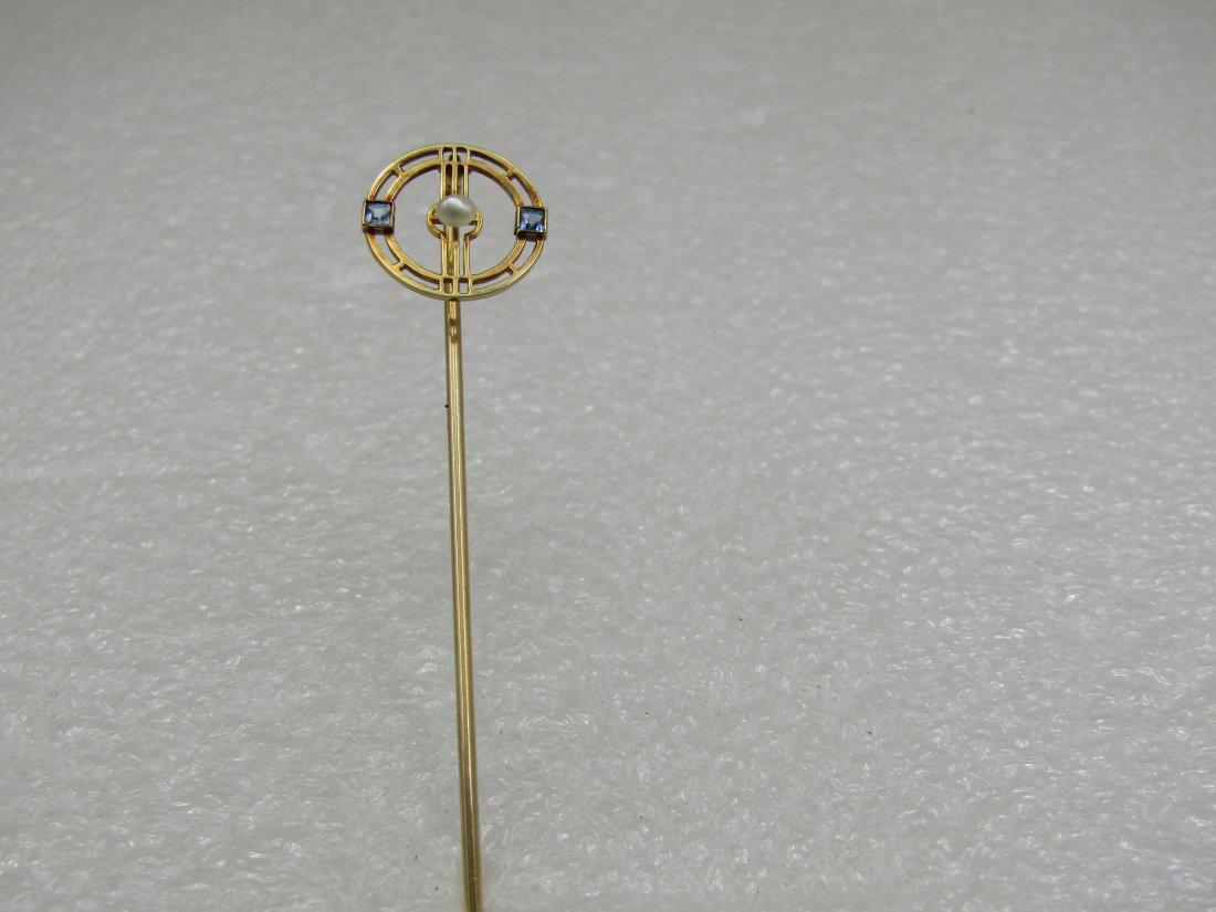 14kt Art Deco Pearl Sapphire Stick Pin, 2.5" (1 of 1)