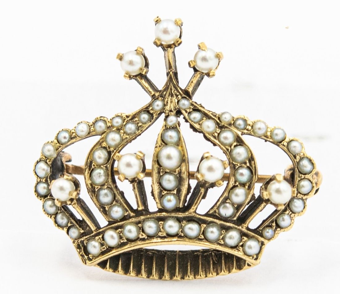 Estate Victorian Yellow Gold and Seed Pearl Crown Brooch (1 of 1)