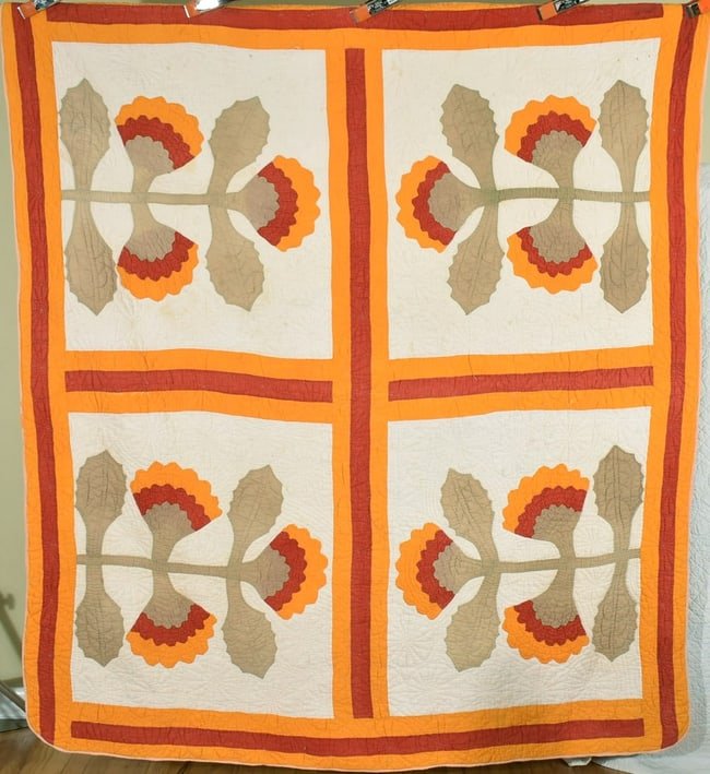 1890's Coxcomb Applique Quilt: DescriptionTitle: 1890's Coxcomb Applique QuiltDate: 1880's / 1890'sOrigin: OhioMaterial: CottonDimension [INCHES]: 72" X 80"Provenance: Cotton 1880's / 1890's coxcomb quilt, all hand appliqued and ha