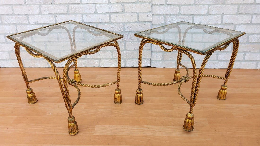 Hollywood Regency Italian Golt Gilt Rope and Tassel Side Tables - Pair (1 of 1)