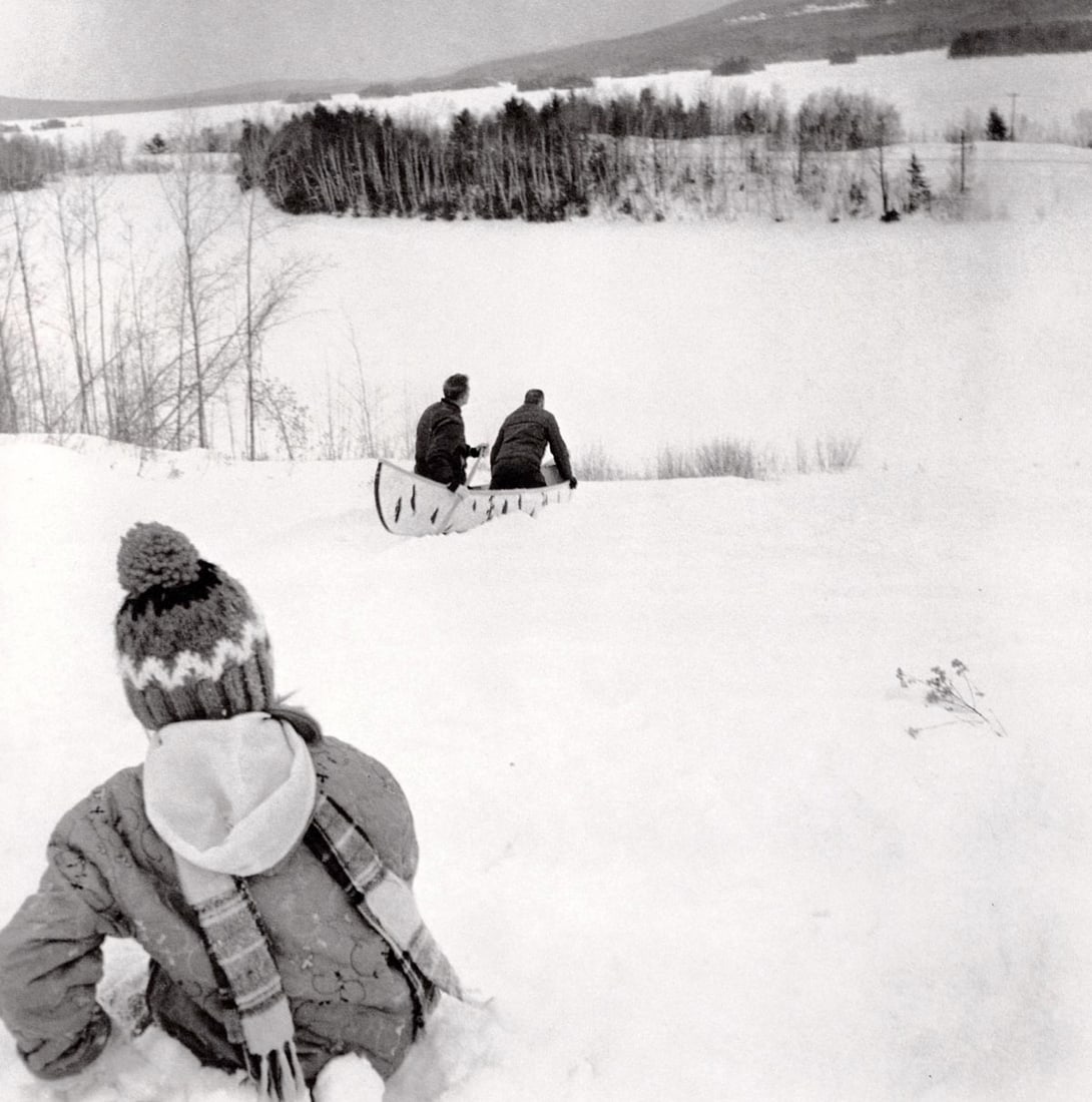 BERENICE ABBOTT - Canoe Tobogganing at Moosehead Lake, Greenville: Artist: BERENICE ABBOTT Print Title: Canoe Tobogganing at Moosehead Lake, Greenville Medium: Photo-lithograph Printed in: Japan, 1980’s Image Size: approx. 8.5 x 8.5” Berenice Abbott (1898