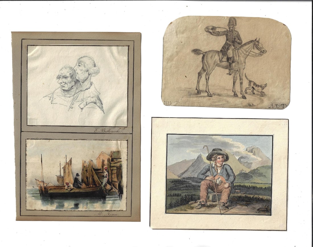 Group of Five Continental Watercolors Drawing (1 of 2)