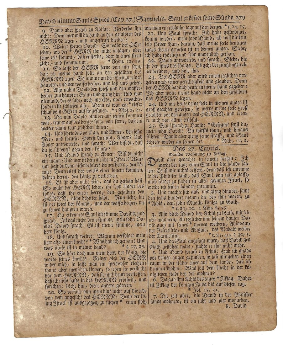 1776 Revolutionary War Bible Leaf Saur Germantown: A leaf from a bible printed during the Revolutionary War by Christoph Saur in Germantown, 1776, In Fraktur. The bible is referred to as the "Gun Wad" bible due to the use of the unbound pages for wadd