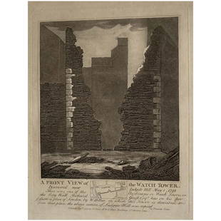 Barbicans or Watch towers on the City Wall, London. Antique engraving, 1793.: Title: Front view of the Watch Tower or Barbican in the City Wall discovered near Ludgate Hill, May 1 1792. Description: Copperplate engraving by John Thomas Smith after original drawings by members o