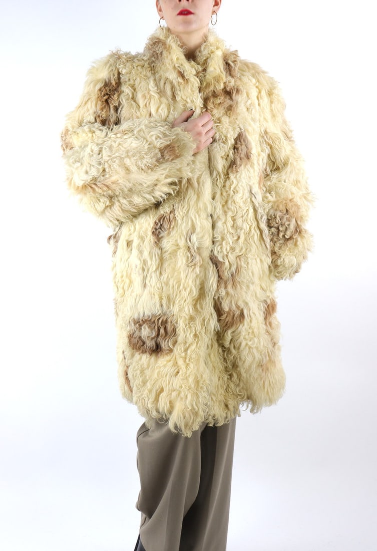 WHITE & BROWN ANGORA SHEEP FUR COAT EU: XL; US: 18 (1 of 9)