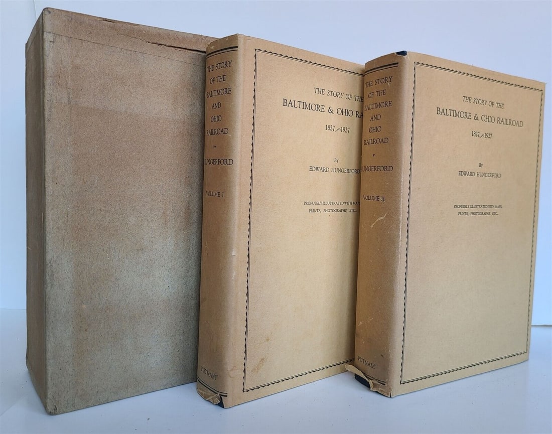 1928 STORY OF THE BALTIMORE AND OHIO RAILROAD 1827-1927 2 volumes antique: STORY OF THE BALTIMORE AND OHIO RAILROAD 1827-1927 New York - London: G.P.Putnam's Sons; 1928 2 volumes with slip case. Illustrated Hard bound with dust jackets. Excellent interior condition. Minor we