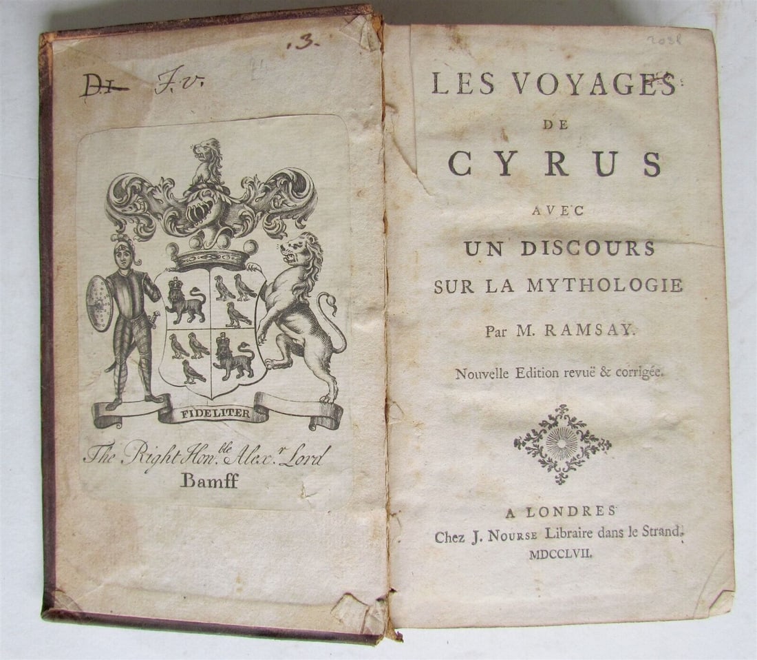 1757 Les Voyages de Cyrus avec un Discours sur la Mythologie antique in FRENCH: (A.M. DE) RAMSAY Les Voyages de Cyrus avec un Discours sur la Mythologie London, 1757 Original calf with morocco letterpiece Bookplate on upper pastedown; Size 4 1/4 by 7" 324 pages Text in French Ex-