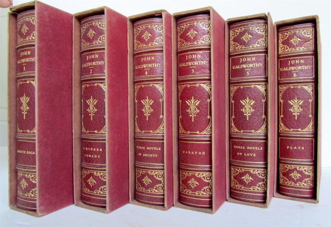 1929 JOHN GALSWORTHY 6 volumes SIGNED BY AUTHOR ! ANTIQUE FINE LEATHER BINDINGS (1 of 12)