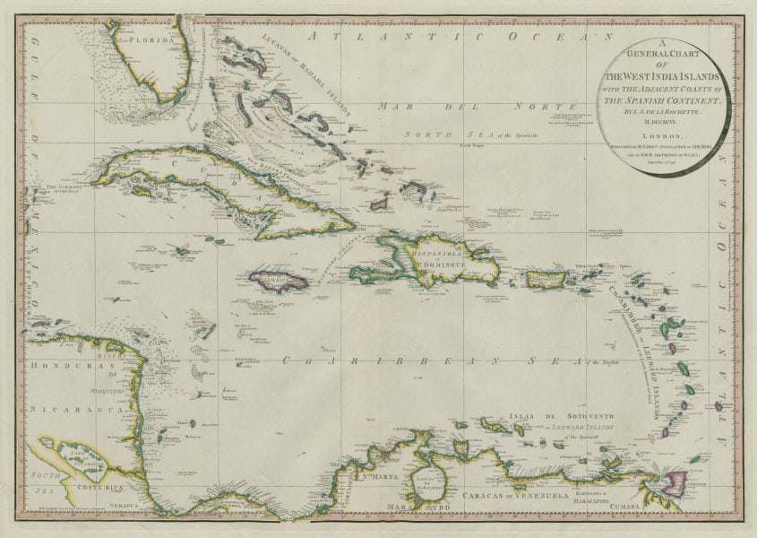 A general chart of the West India Islands… DELAROCHETTE/FADEN Caribbean 1796 map: Title: A general chart of the West India Islands… DELAROCHETTE/FADEN Caribbean 1796 map Description: A general chart of the West India Islands with the adjacent coasts of the Spanish continent by L.