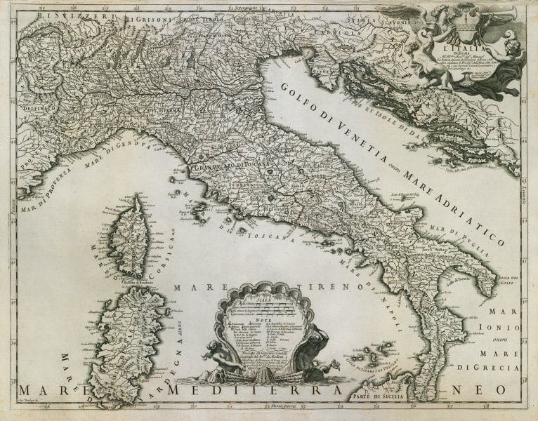 Italia dedicata…. Italy. The Italian states including Savoy. DE ROSSI c1697 map (1 of 2)