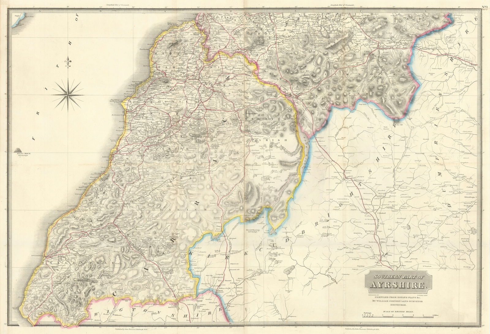 Southern Ayrshire. Turnberry Maybole Girvan Ballantrae Cumnock THOMSON 1832 map: Title: Southern Ayrshire. Turnberry Maybole Girvan Ballantrae Cumnock THOMSON 1832 map Description: Southern part of Ayrshire' by Published by John Thomson. Engraved by T. Clerk. Compiled from Estate