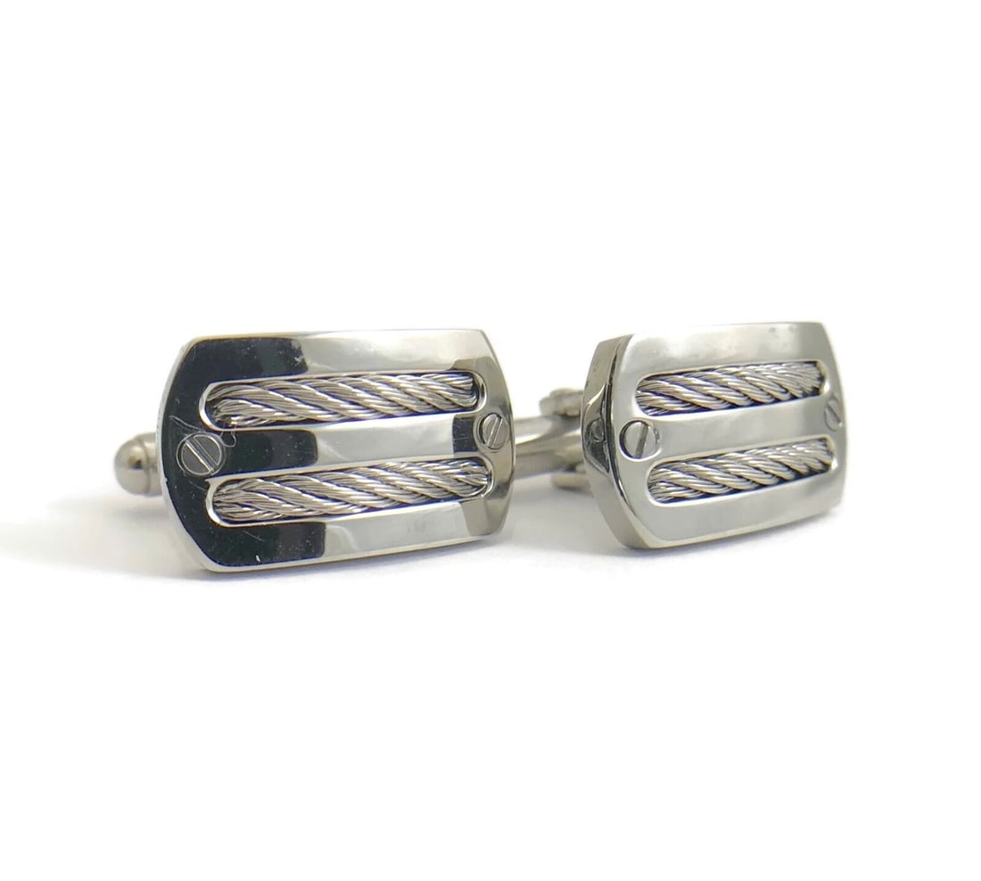 Rectangle Braided Rope Stainless Steel Cufflinks, 12.51 Grams: Rectangle Braided Rope Stainless Steel Cufflinks, 12.51 Grams These unique cufflinks add style to any attire. Metal: stainless steel Weight: 12.51 grams Measurements: 12 mm x 21 mm Stamped: stainless 