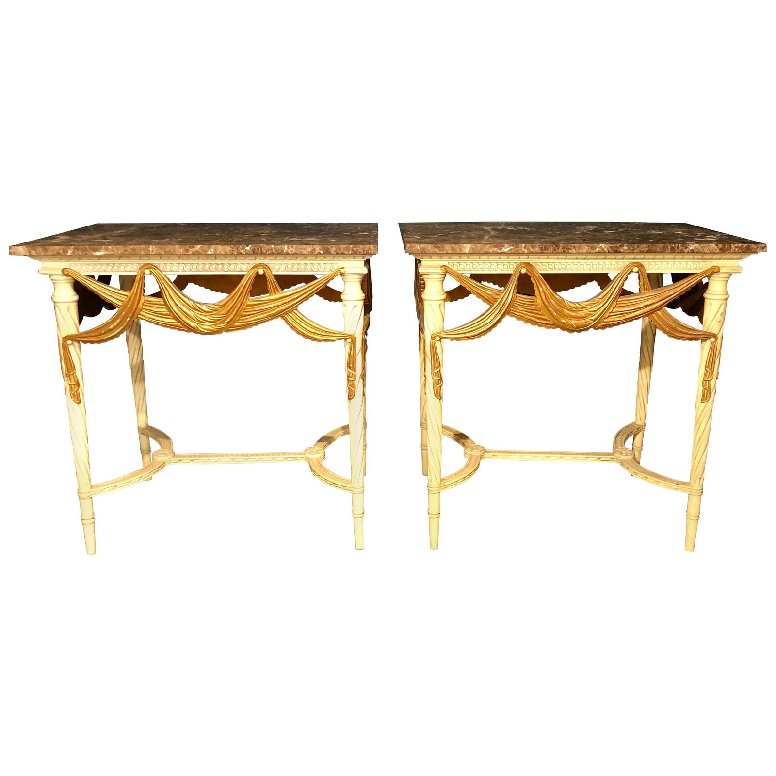 Dorothy Draper, Hollywood Regency, Console Tables, Painted Wood, Gilt, USA 1930s: Pair of Dorothy Draper console, sofa or end tables. Each of these fabulous Hollywood Regency Tables are parcel-gilt and paint decorated with fine tassel and ribbon carvings on all sides. These quad de