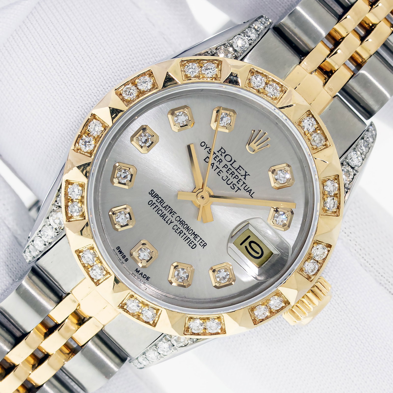 Rolex Lady DateJust Steel and 18k Yellow Gold Silver Dial Diamond Bezel Watch (1 of 10)