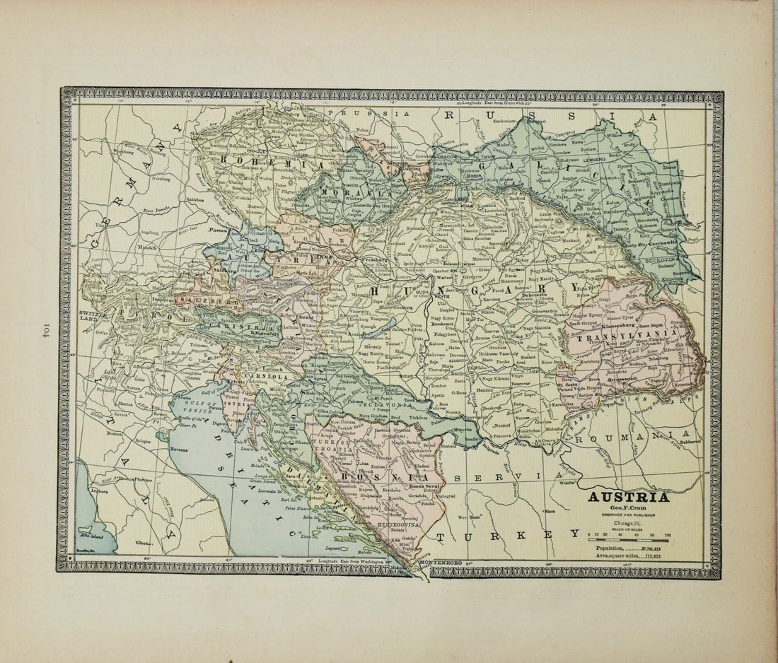 1890 c. Cram Map of Austria-Hungary [verso] Germany -- Austria [verso] Germany (1 of 2)