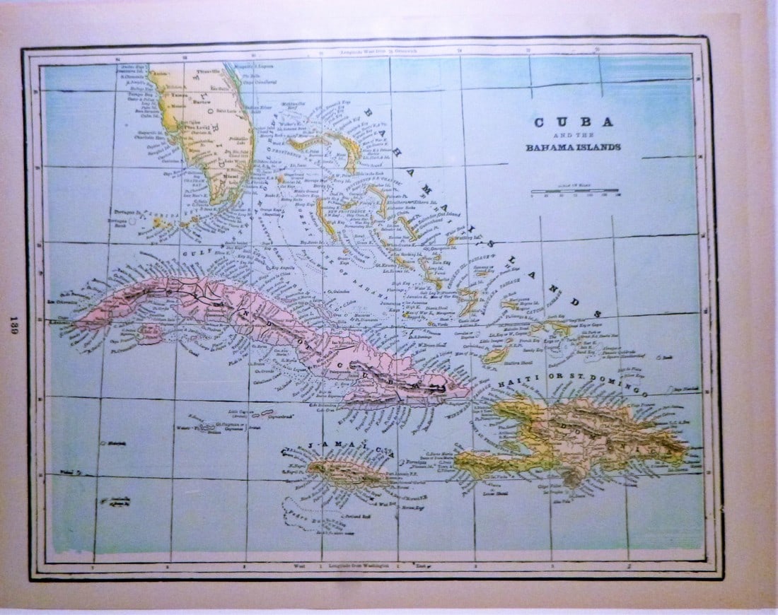 Cuba & The Bahama Islands 1889: Title/Content of Map: Cuba & The Bahama Islands 1889 Date Printed: 1889 Material/Medium: paper Size: approx. 14.5"x10.75" George F. Cram, Chicago Reserve: $35.00 Shipping: Domestic: Flat-rate of $15.