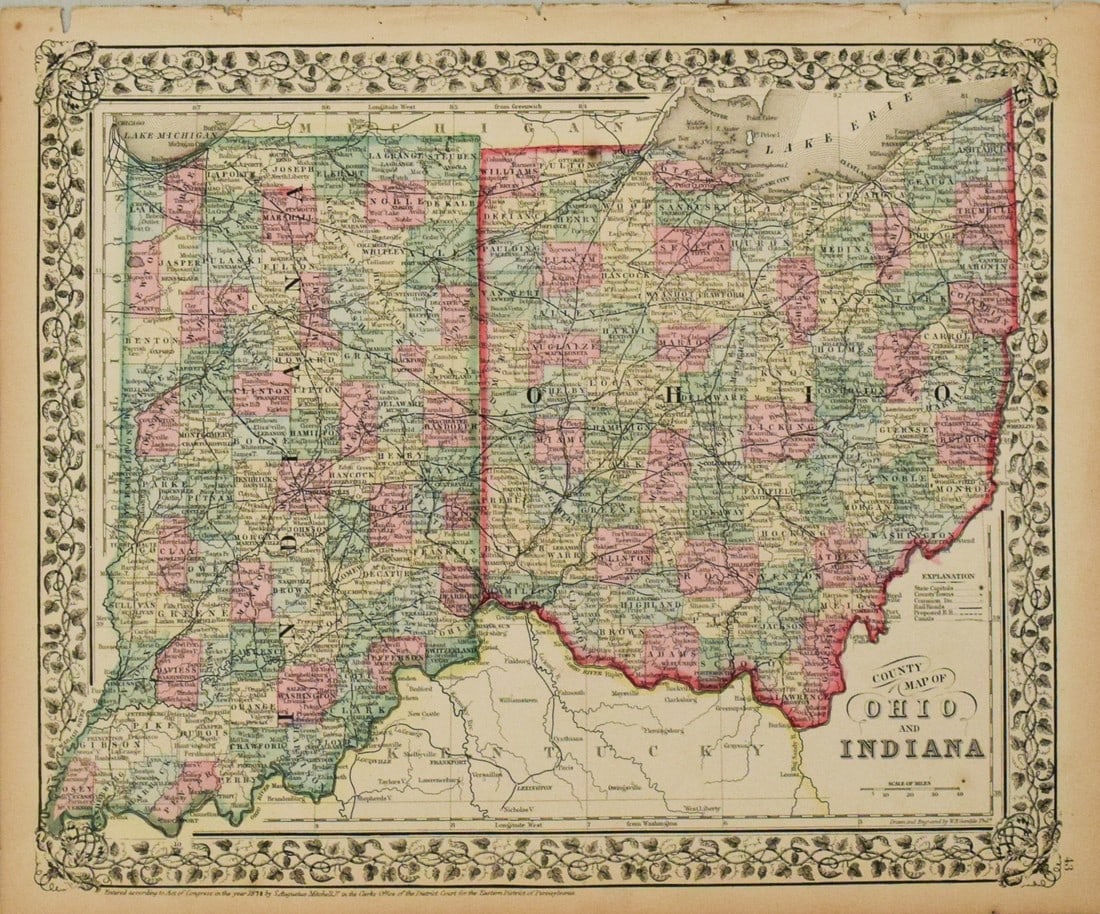 1870 Mitchell Map of Ohio and Indiana -- County Map of Ohio and Indiana (1 of 1)