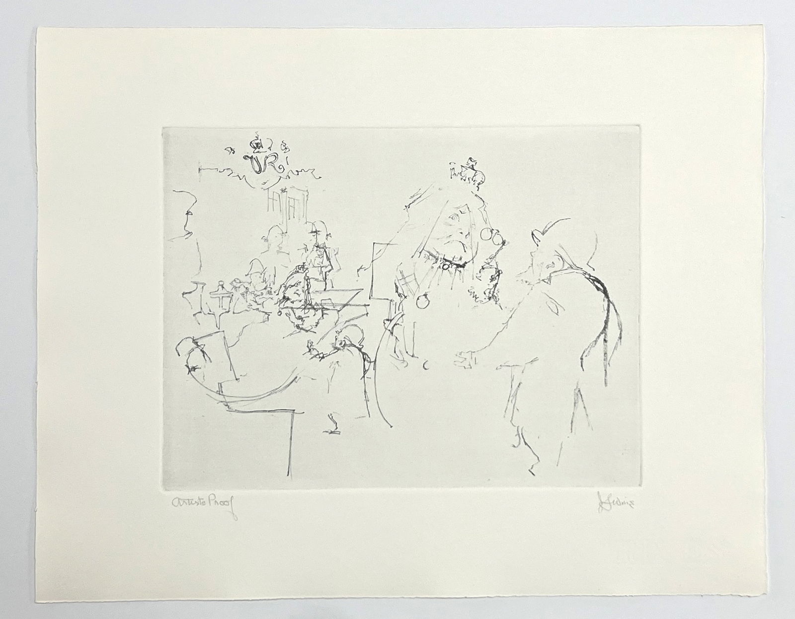 Jack Levine signed original etching "Victoria's Jubilee": Medium: original soft ground etching. Signed in pencil and annotated "Artist's Proof". Printed in 1967 for the Dreigroschen Film portfolio and published by Touchstone Publishers. This is one of 10 art